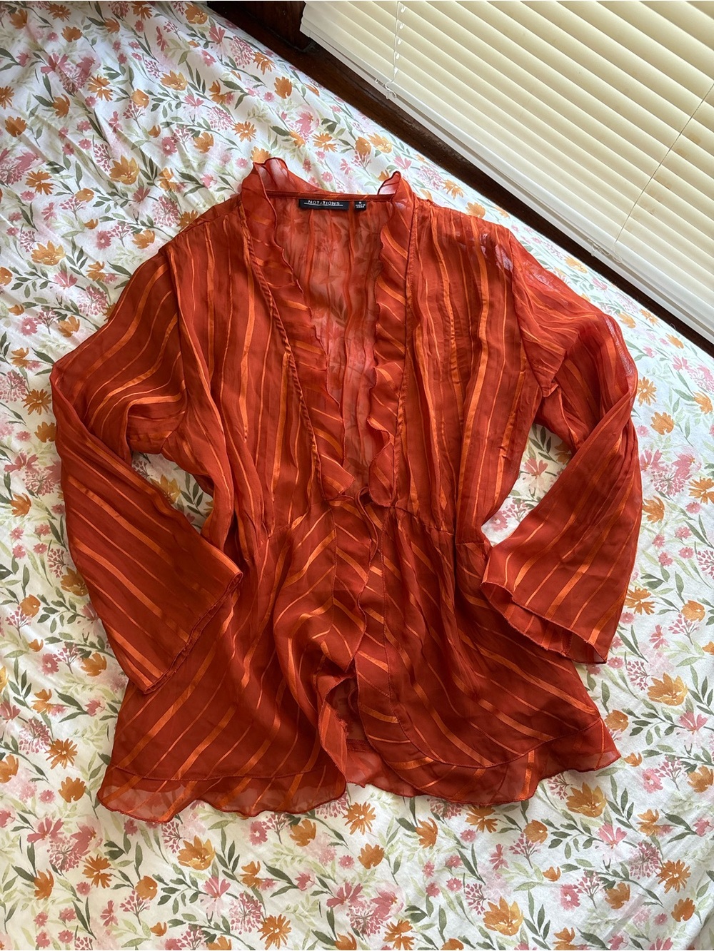 Notations Orange Sheer Long Sleeve Tie Front Cardigan Size S Ruffles Boho Indie
